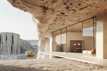 A luxurious cave house with floor-to-ceiling glass windows opening to a vast, sandy desert landscape, featuring a blend of modern architecture with nature's raw beauty.