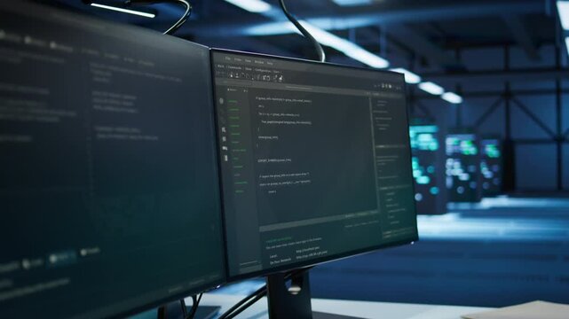 Computers in data center used for monitoring security threats threatening hardware rackmounts. Close up of PCs used by futuristic server hub workplace admins protect infrastructure assets