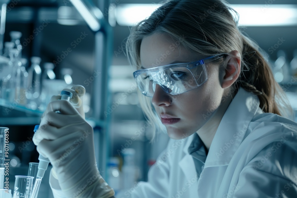 Poster A dedicated scientist in a modern laboratory carefully using a pipette, symbolizing precision and meticulous work, amidst advanced scientific equipment, conducting crucial experiments.