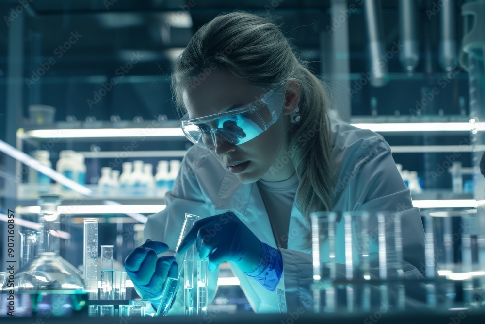 Poster a scientist in a well-equipped laboratory working intently with test tubes, emphasizing the precisio