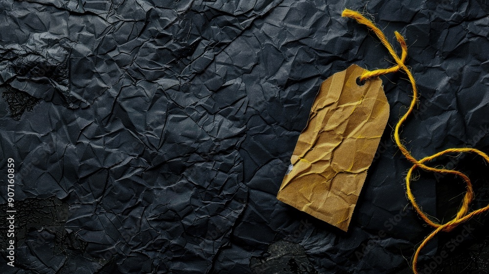 Poster paper tag with yellow border on black background with wrinkles and scratches close up top view and c
