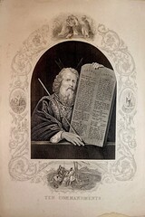 Fototapeta premium Portrait of The Ten Commandments - Old 1800s Authorized New Testament Depiction from Philadelphia United States of America 