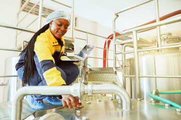 African American quality control woman working in a winery holding a laptop computer, recording data, quality checking the winery at every stage of production.