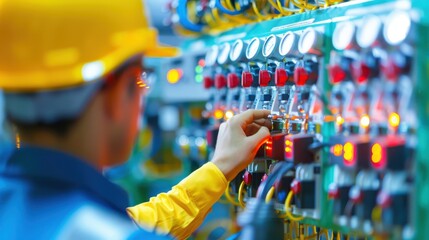 Fototapeta premium A man in a yellow shirt is working on a control panel