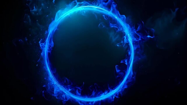 Vibrant neon blue fire circle with dynamic light effects on a dark background.&rdquo; It&rsquo;s perfect for technology-themed designs. 4k. Video. circle, round, fire, frame, light, effect, futuristic, glowing
