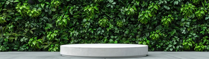White circular pedestal in front of a vibrant, lush green foliage wall, creating a fresh and natural backdrop.