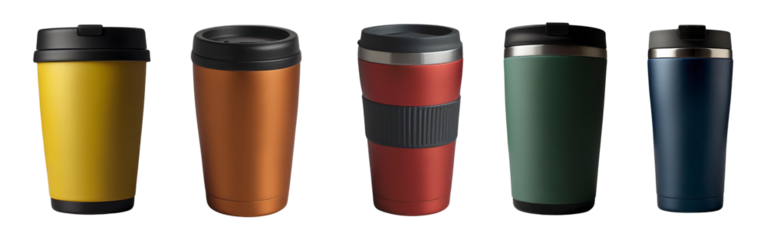 set of  five  steel tumbler coffee thermos travel mug isolated on transparent background