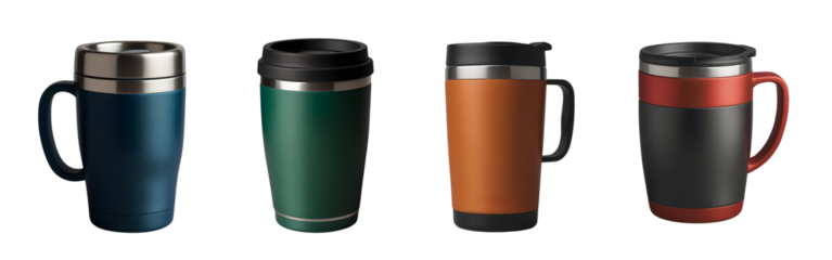 set of  four  steel tumbler coffee thermos travel mug isolated on transparent background