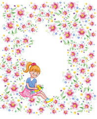 girl with flowers greeting card 