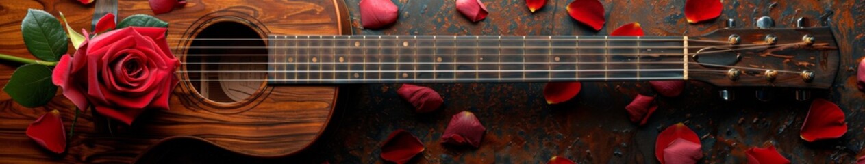 Romantic Acoustic Melodies: A Tender View of a Vintage Guitar with Rose Petals Spread on a Bed of Love and Music"