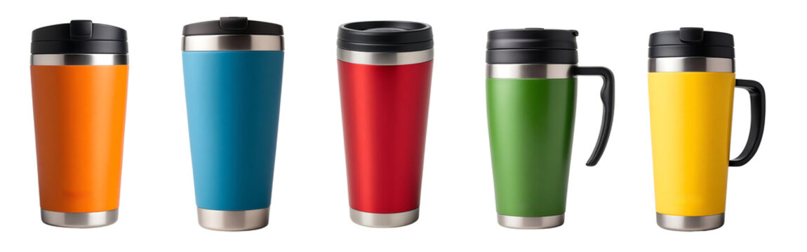 set of  five  steel tumbler coffee thermos travel mug isolated on transparent background