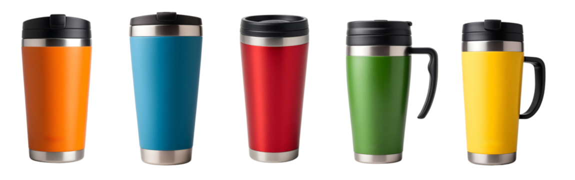 set of  five  steel tumbler coffee thermos travel mug isolated on transparent background