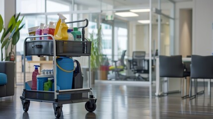 Professional janitorial cart with cleaning supplies in corporate office environment