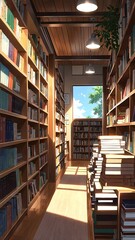 Obraz premium cozy bookstore with wooden shelves background vertical backdrop illustration anime cartoon