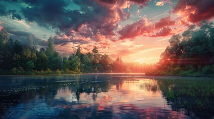 Generative ai art  tranquil sunset over river and lush forest in neural network landscape