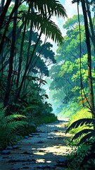 Naklejka premium dense jungle with exotic plants background vertical backdrop illustration anime cartoon
