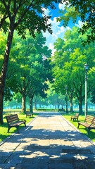 Obraz premium lush green park with benches background vertical backdrop illustration anime cartoon