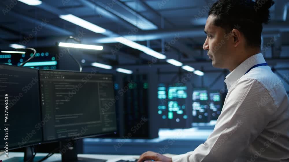 Poster portrait of smiling technician in data center implementing and managing infrastructure to ensure opt