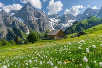 Fototapete Rund Tranquil alpine landscape with blooming meadows in summer, scenic beauty of the alps © Sergej Gerasimov