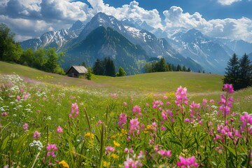 Alpine serenity  stunning mountain landscape with blossoming meadows in spring and summer