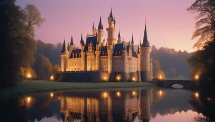 Obraz premium A grand castle against the twilight sky, with towering spires and intricate details, illuminated by warm, golden lights, creating a magical, fairy-tale atmosphere. 