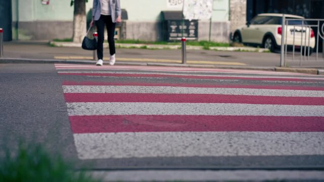 on road pedestrian crossing red and white stripes close-up of legs in white beauties crossing the road safe movement