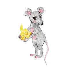 Illustration of a cartoon mouse with cheese in a watercolor style.
