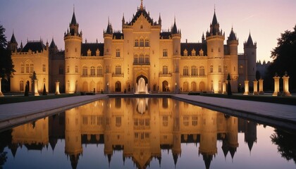 An opulent palace with towering spires and graceful arches, glowing softly in the evening light, surrounded by a tranquil water feature that mirrors its intricate details and grandeur.
