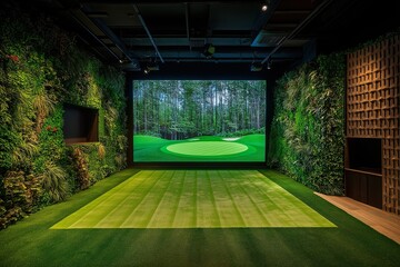 modern indoor golf simulator club interior design professional photography