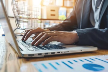 Businessman shopping online for big sale on laptop   modern e commerce concept for discounted offers