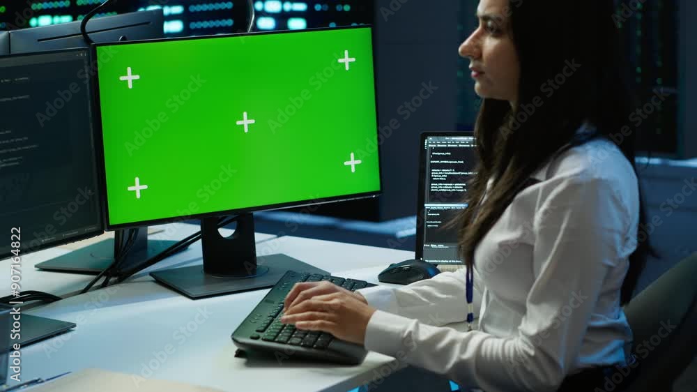 Poster system administrator in data center installing software on green screen computer, troubleshooting is