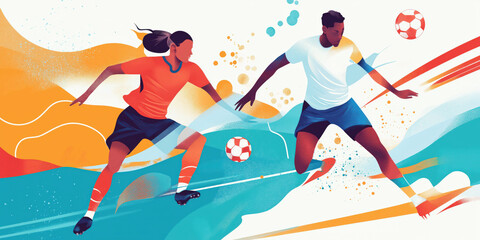 Dynamic Soccer Match Illustration: Two Players Competing with Vibrant Artistic Background
