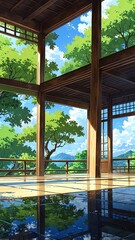 traditional japanese tea house background vertical backdrop illustration anime cartoon