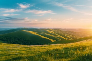 Panoramic sunset  green hills under warm colors, blue sky   landscape photography