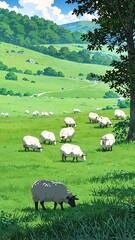 Fototapeta premium quiet meadow with grazing sheep background vertical backdrop illustration anime cartoon