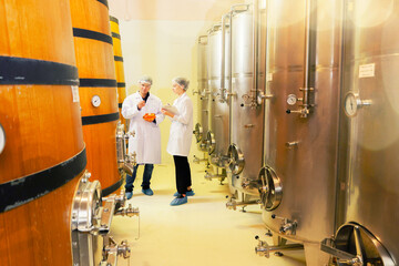 Two sommeliers male and woman  expert blending work together collect wine samples oak barrels and stainless steel tanks in the production facility's fermentation room quality production process.
