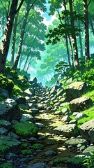 serene forest with mossy rocks background vertical backdrop illustration anime cartoon