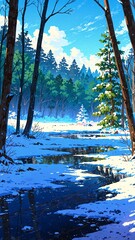 Fototapeta premium snowy forest with frozen lake background vertical backdrop illustration anime cartoon