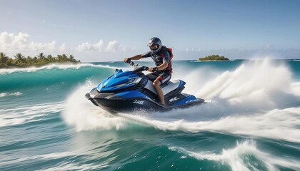 Dynamic action shot of a jet ski racing through waves, with the rider wearing stylish, branded gear, set against a backdrop of an exotic island.
