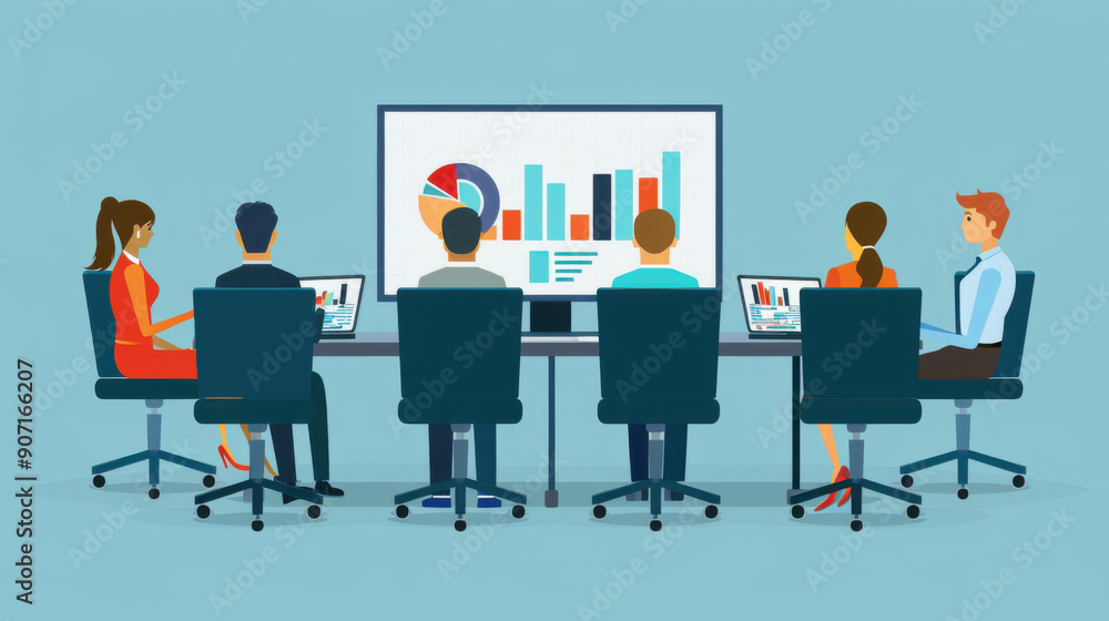 Poster illustration of a team meeting around a table, viewing a data presentation on a screen, representing