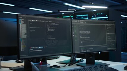 Computer displays in modern data center used for monitoring security threats threatening rigs. Panning shot of PCs used by high tech facility admins ensuring compliance with regulations