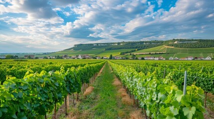 Fototapeta premium Picturesque champagne vineyards in montagne de reims village, france countryside backdrop