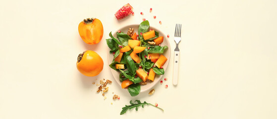 Plate of delicious salad with persimmon, walnut and pomegranate seeds on yellow background