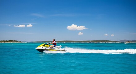 Fototapeta premium Jet ski speeding across crystal clear blue waters with a bright sky 