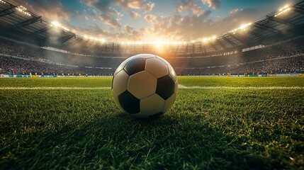 A soccer ball sits on the green grass of a stadium field, with a crowd of spectators in the background, as the sun sets.