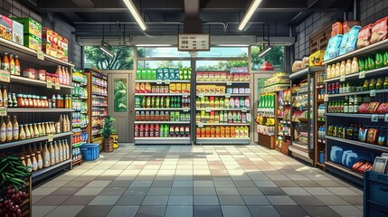 Fototapeta premium Anime Illustration of a Grocery Store Interior