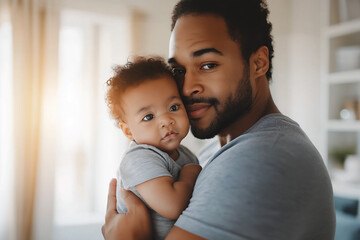 Fototapeta premium Young African-American Father holds his infant child, father and child bond, copy space