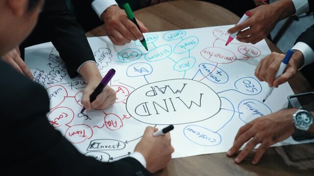Top view of skilled diverse business people planning project by using mind map to brainstorm marketing idea. Closeup of smart start up team working together to draw creative mind map. Directorate.