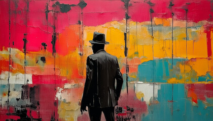 Obraz premium Silhouette of a man graffiti background digital art generated with AI, pop colors