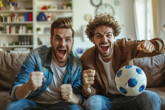 Football frenzy: fans enjoying a football match on the tv at home, show the camaraderie of sports enthusiasts bonding over live matches, beers, and popcorn.